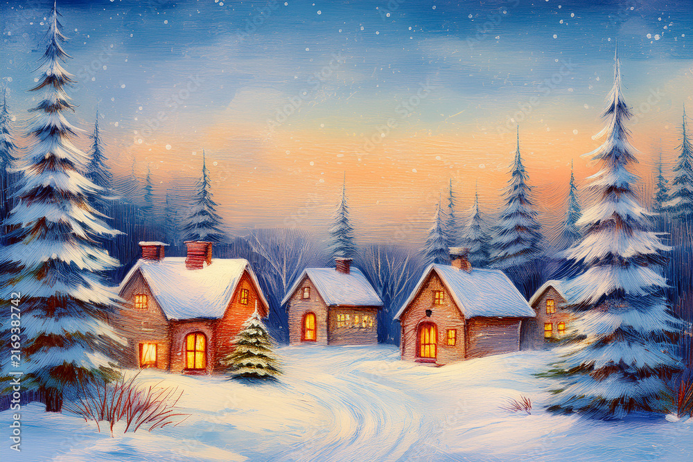 Fototapeta premium Cozy Snowy Village Glowing in a Quiet Winter Forest
