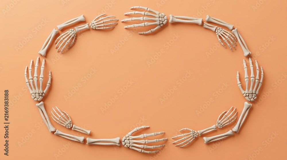 Stylized bone structure arrangement forming a central void for custom messaging on warm apricot backdrop designed for thematic event promotions