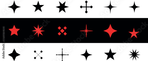 Collection of star and cross shapes in black red and white