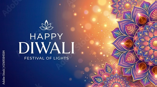 Beautiful happy diwali festival greeting card design featuring glowing golden lights and intricate purple mandala patterns on blue background