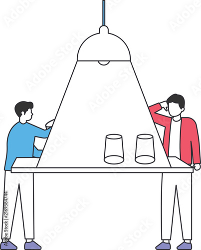 Photography Shell game deception with two men finding hidden money under cup business tricke
