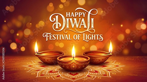 A beautiful festive background featuring traditional oil lamps and glowing bokeh lights for the annual hindu diwali celebration