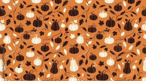 Autumn harvest small pumpkins and leaves vector seamless pattern on orange background with pumpkin pattern Halloween pattern fall harvest leaf pattern 