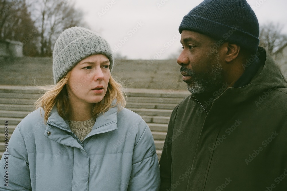 Fototapeta premium Winter conversation outdoor scene.