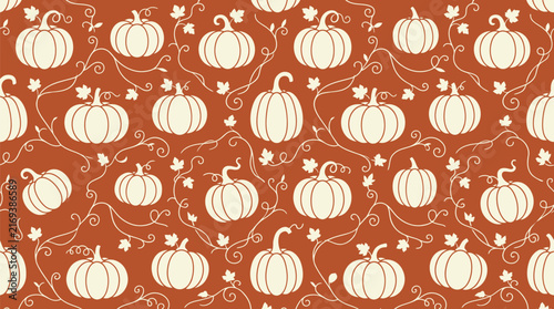 Vintage rustic orange and white autumn pumpkin pattern with leaves and vines autumn background fall foliage harvest pattern thanksgiving background retro art