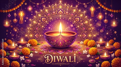 Beautiful glowing diya lamp with marigold flowers and festive lights for a traditional indian diwali celebration background design
