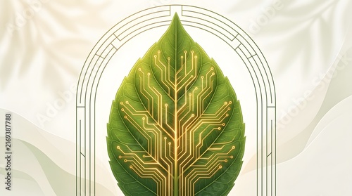 Green leaf with glowing golden circuit board veins representing sustainable tech - High Quality Commercial Stock Visual