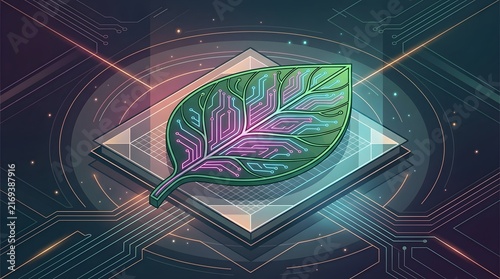 Green leaf with digital circuit veins on processor for sustainable tech concept - High Quality Commercial Stock Visual