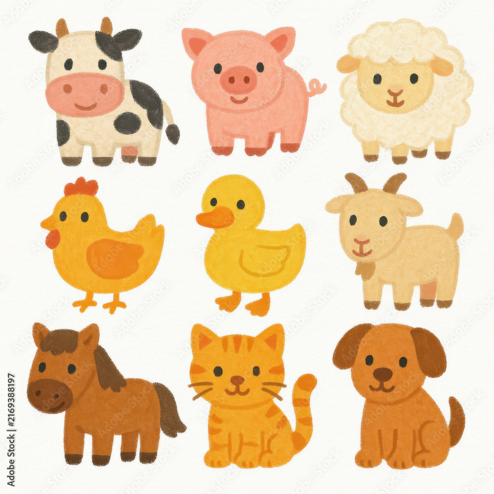 Fototapeta premium Cute farm animal clipart set with cow pig sheep chicken duck goat horse cat and dog in soft pastel colors perfect for cheerful and playful designs