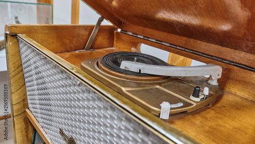Vintage turntable and radiogram in open wooden case