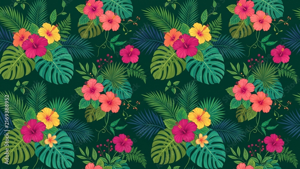 Seamless tropical wallpaper with hibiscus blossoms and lush botanical leaves. Premium repeating floral pattern perfect for summer wallpaper, fabric and lifestyle surface design.