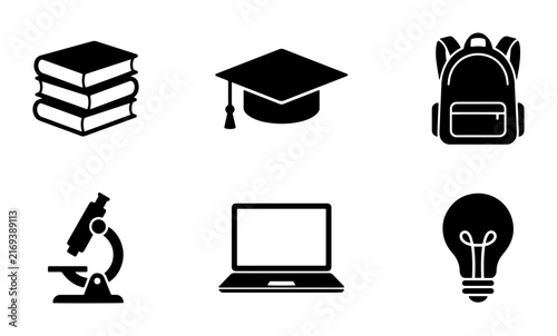 Education icons stack of books graduation cap backpack microscope laptop lightbulb outline solid styles, UI and web interface.