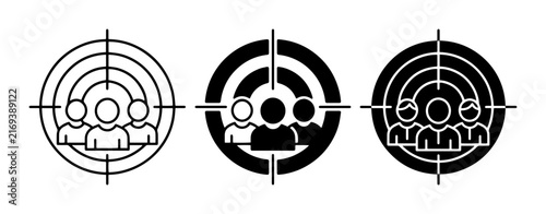 Target audience icons with people inside, outline solid styles, UI and web interface.