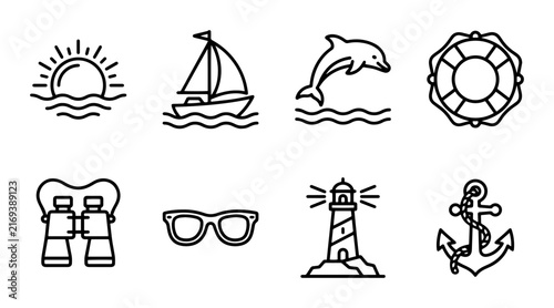 Nautical and travel icons with sun, sailboat, dolphin, lifebuoy, binoculars, lighthouse, and anchor outline solid styles, UI and web interface.