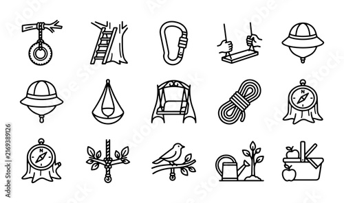 Outdoor recreation and adventure icons outline solid styles, UI and web interface.