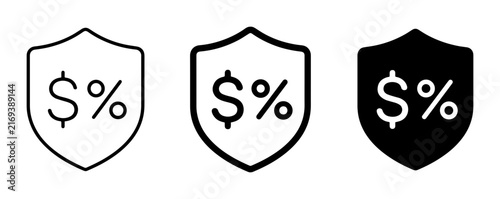Shield with dollar and percent symbols outline solid styles, UI and web interface.
