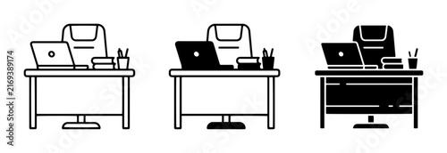 Office desk with laptop and chair outline solid styles, UI and web interface