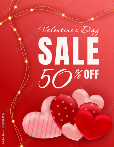 Valentine’s Day sale vector illustration with red and pink hearts, glowing lights and bold 50 percent discount text. Festive promotional design for retail, shopping, advertising and marketing.