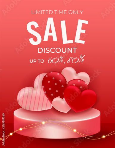 Limited time sale vector illustration with bold discount text, up to 60 and 80 percent offers, red hearts and glowing decorative elements for retail, advertising, shopping and promotion.