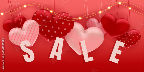Valentine sale vector illustration with hanging red and pink hearts, glowing lights and bold SALE lettering on a red background. Festive commercial design for retail, advertising and promotion.