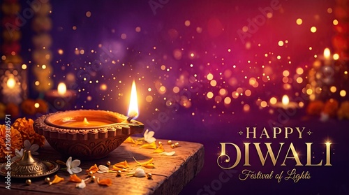Beautiful glowing oil lamp diya placed on a wooden table for the traditional indian festival of diwali celebration