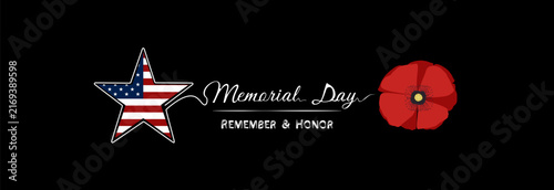 Memorial Day banner with US flag star and poppy flower