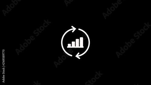 Animated continuous improvement and rotating cycle flow lines icon featuring growth graph on black background. Containing arrow up for process optimization and productivity concepts