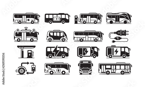 Electric bus charging and green energy transit symbols for sustainable city mobility.