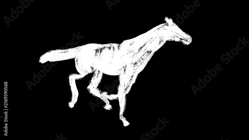 Abstract brush stroke line art animation of running white horse, expressive ink painting stallion galloping loop on black background.