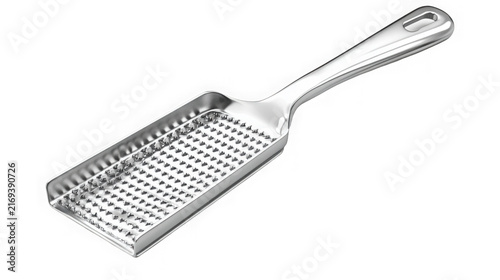 A silver metal kitchen grater isolated on a clean white background