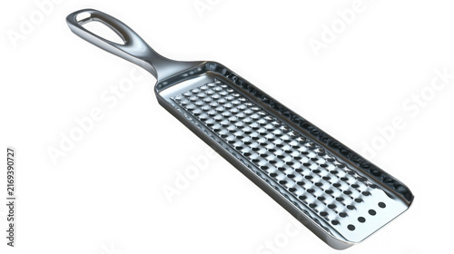 A shiny metal kitchen grater isolated on a clean white studio background