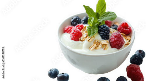 Bowl of creamy yogurt topped with fresh berries with white bowl filled raw
