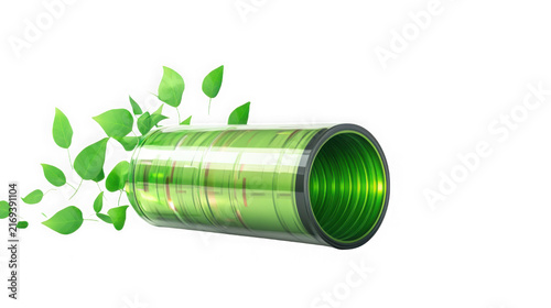 Green battery cylinder with floating leaves against a white background