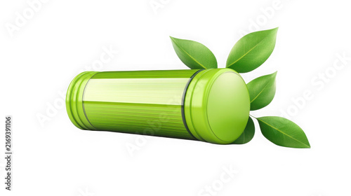 A green cylindrical battery with organic leaves with beside several fresh