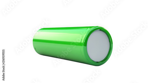 A single green cylindrical lithium ion battery cell with white background