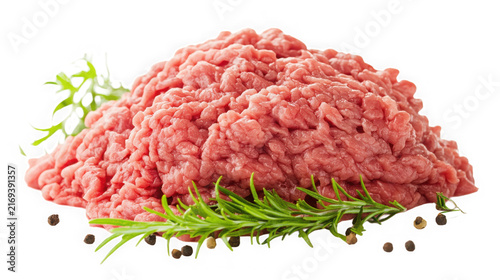 A heap of fresh raw ground beef with rosemary with garnished green rosemary