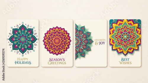 A collection of beautiful diwali greeting cards featuring intricate mandala art designs and festive patterns for indian holiday celebrations