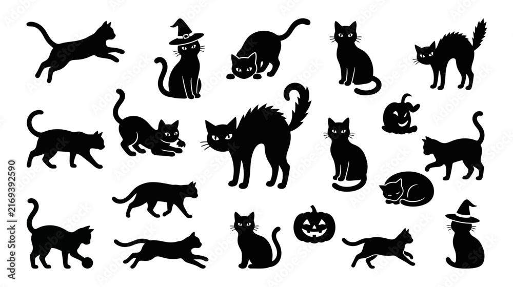 Obraz premium A spooky collection of black cats and halloween elements a festive and whimsical illustration for october celebrations
