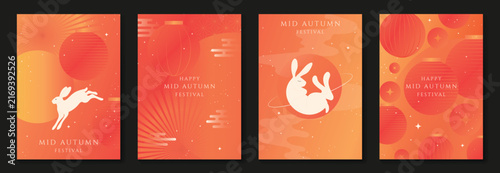 Mid Autumn Festival poster templates vector. Asian moon celebration designs with rabbit, lantern, clouds and floral elements for greeting card, banner, invitation and social media