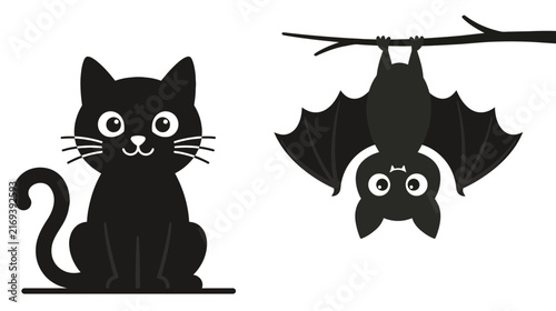 A spooky duo an adorable black cat and a cute bat hanging from a branch for halloween fun