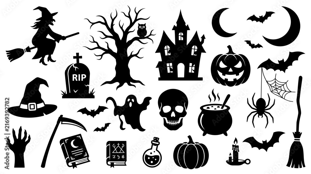 Fototapeta premium A spooky halloween collection featuring witches ghosts haunted houses and creepy crawlies for a frightful celebration