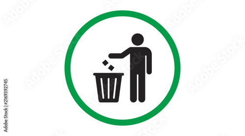 Minimalist vector graphic illustration showing a person throwing trash into a bin for waste disposal