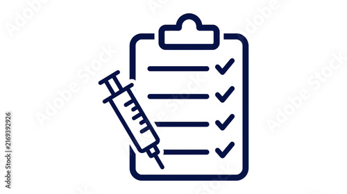 Medical clipboard illustration featuring a dark blue syringe icon for clinical health and vaccination schedule tasks