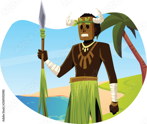 Obraz na plátně Tribal shaman with spear and mask with animal's horns, native aborigine indigeno