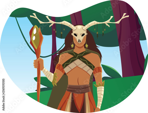 Konstfotografi Tribal shaman with magic wand and an animal's skull with horns headgear, vector