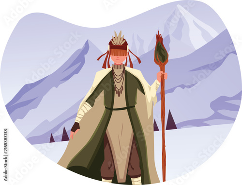 Принти на полотні Tribal shaman with magic wand on winter mountains landscape, vector flat North n
