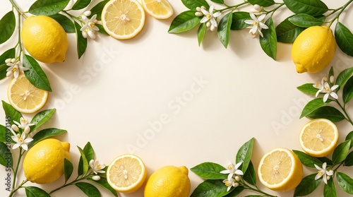 Lemons arranged in a circular frame provide a fresh border around a central white background space.