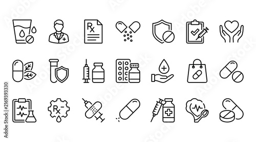 Detailed medical and pharmaceutical vector graphic icons set featuring various healthcare symbols for professional clinical designs