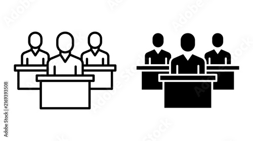 Three people sitting at professional desks vector illustration showing group collaboration and corporate business team meeting