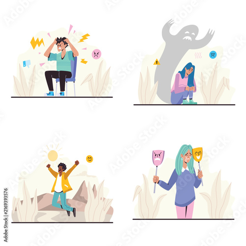 Mental Health Emotions Stress and Wellbeing Illustration Set